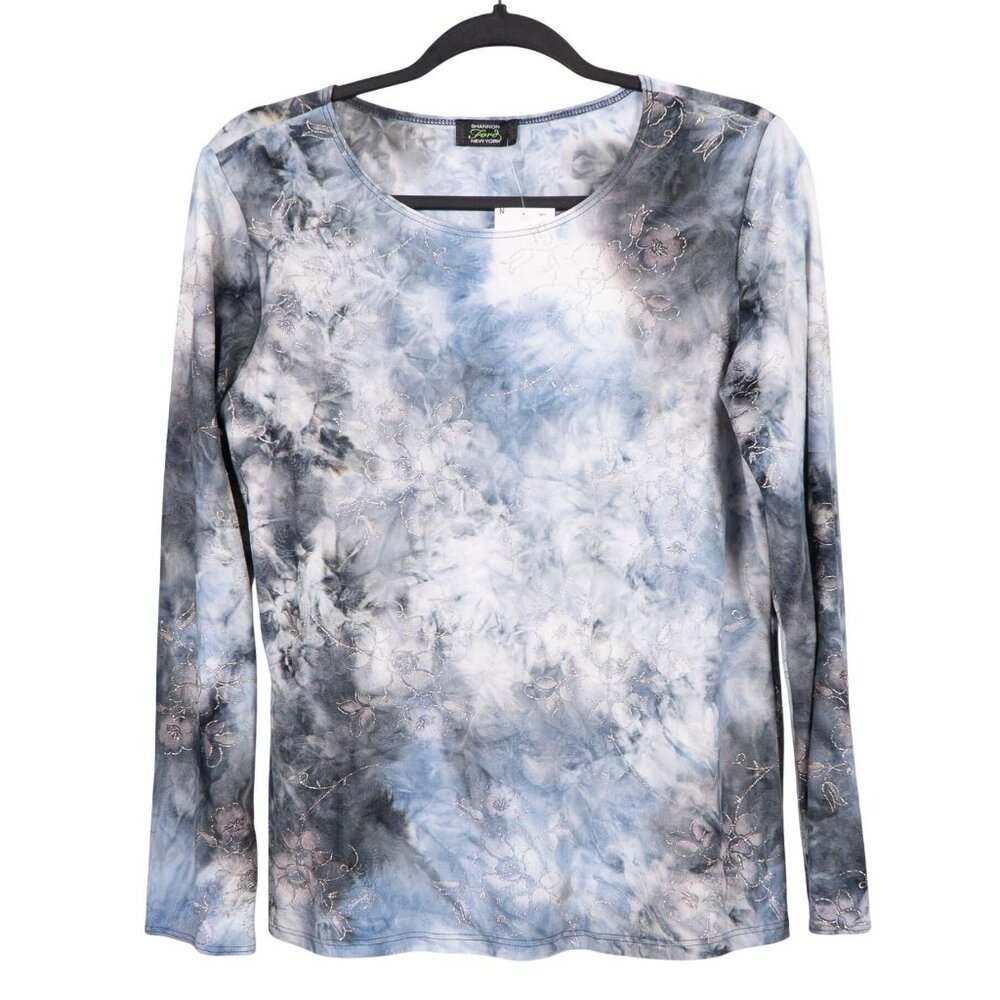 Shannon Ford Shirt L Womens NEW Long Sleeve Blue Gray Floral Glitter Sparkle